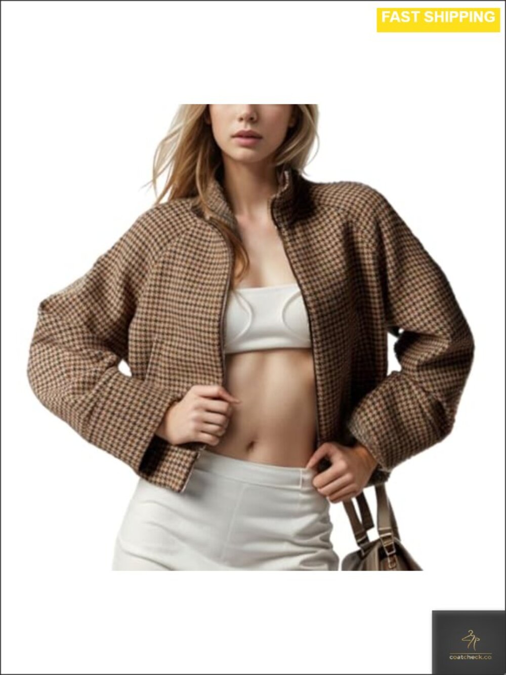 Women's Cropped Wool Blend Peacoat Houndstooth Plaid Zip Bomber Jacket